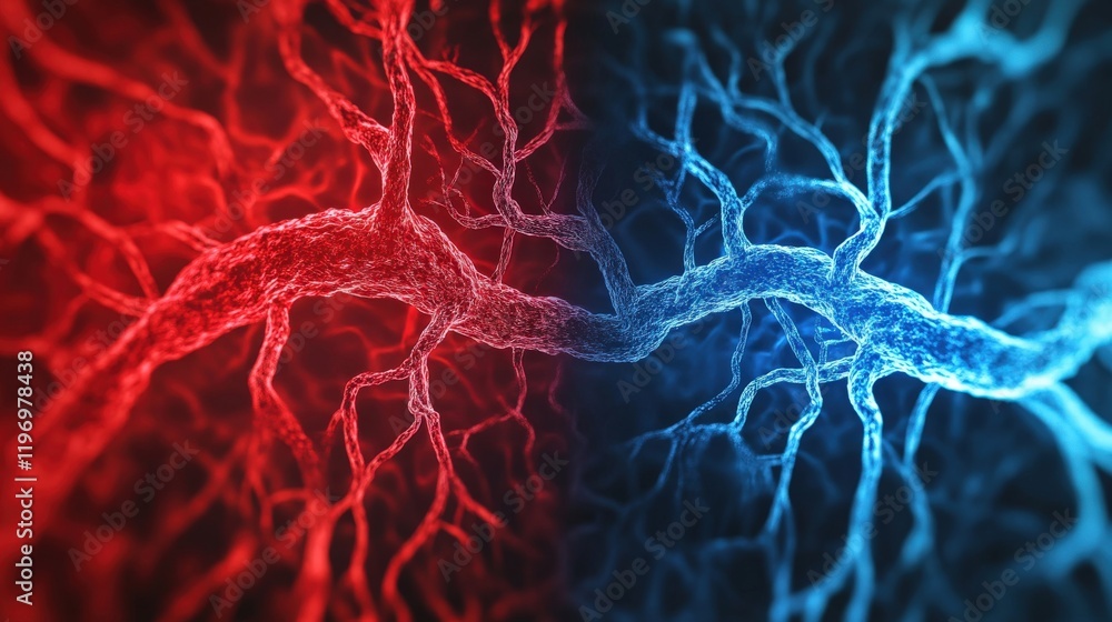 Poster abstract representation of neural pathways in vibrant red and blue colors showcasing connections and