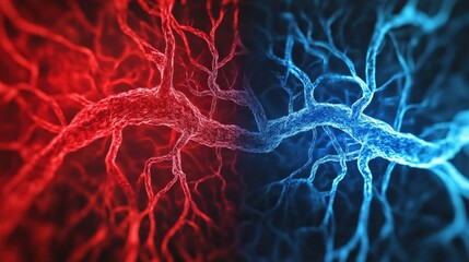Abstract representation of neural pathways in vibrant red and blue colors showcasing connections and networks