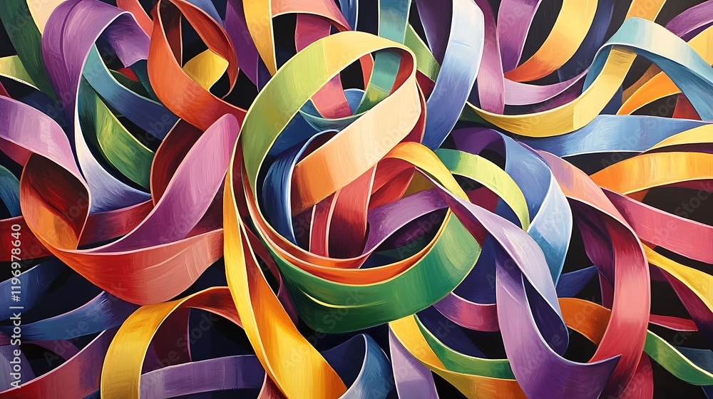 Poster a hypnotic flow of colorful ribbons twisting through an endless void