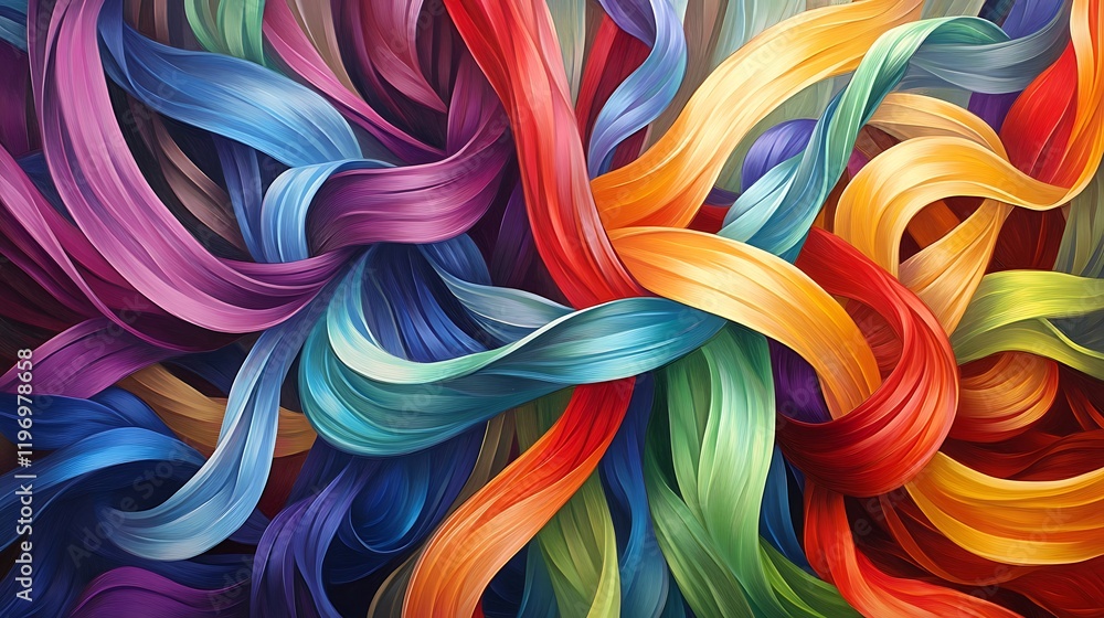 Poster a hypnotic flow of colorful ribbons twisting through an endless void