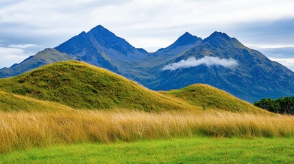 Scenic Mountain Landscape with Rolling Hills and Lush Green Grass