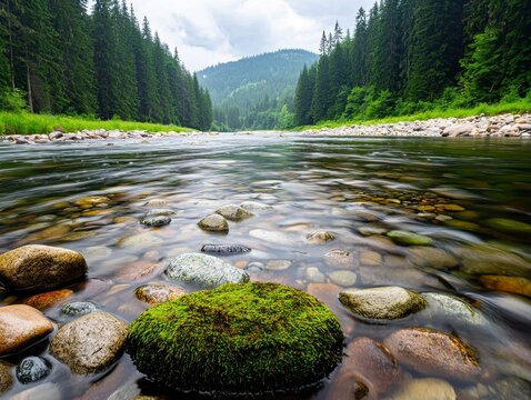 Serene Winding River Flowing Through Dense Forest with Clear Water and Rocky Riverbed Surrounded by Lush Greenery in Tranquil Nature Setting