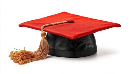 A photostock of a graduation cap in classic black with a gold tassel, placed neatly on a white background, symbolizing education and achievement. High Quality