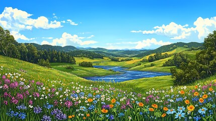 Fototapeta premium Vibrant Spring Landscape with Colorful Wildflowers, Rolling Hills, and Serene River Under a Bright Blue Sky