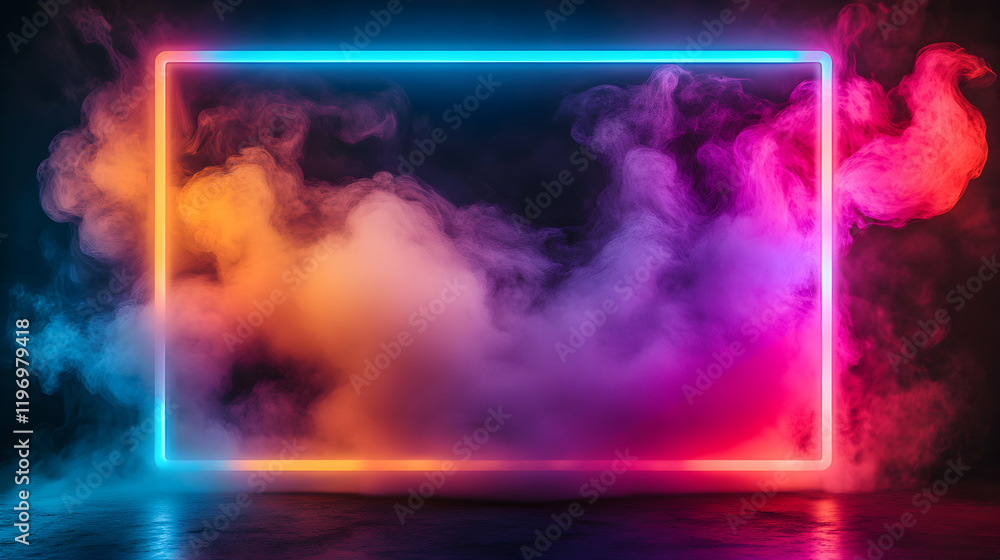 Poster vibrant neon light frame encompassing colorful smoke, creating a dramatic and atmospheric backdrop i
