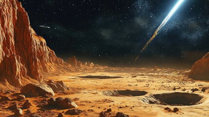 Stunning Photorealistic Desert Landscape with Red Rock Formations on a Dark Background, Featuring Huge Meteorite Craters and a Spacecraft, Creating a Futuristic and Otherworldly Scene.