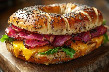 A delicious-looking bagel sandwich filled with crispy bacon, melted cheese, and fresh lettuce