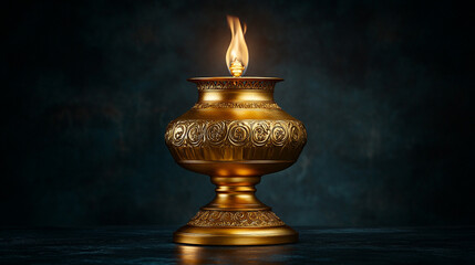 Fototapeta premium Golden lamp with flame symbolizing Ramadan traditions and spirituality in a dark setting