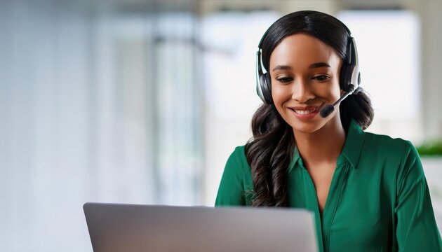 African woman call center agent, wearing a green blouse, smiling brightly while using a headset and laptop for customer service 