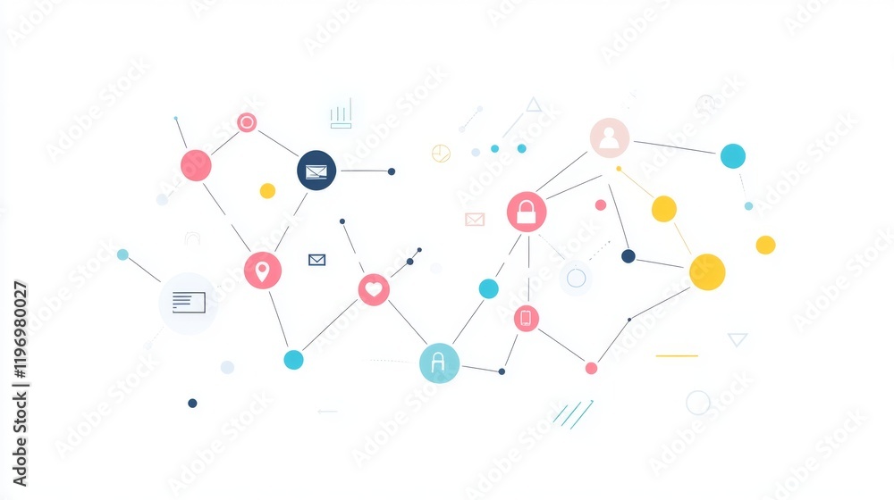 Poster minimalistic infographic elements with icons and connecting lines, displayed on a light background w