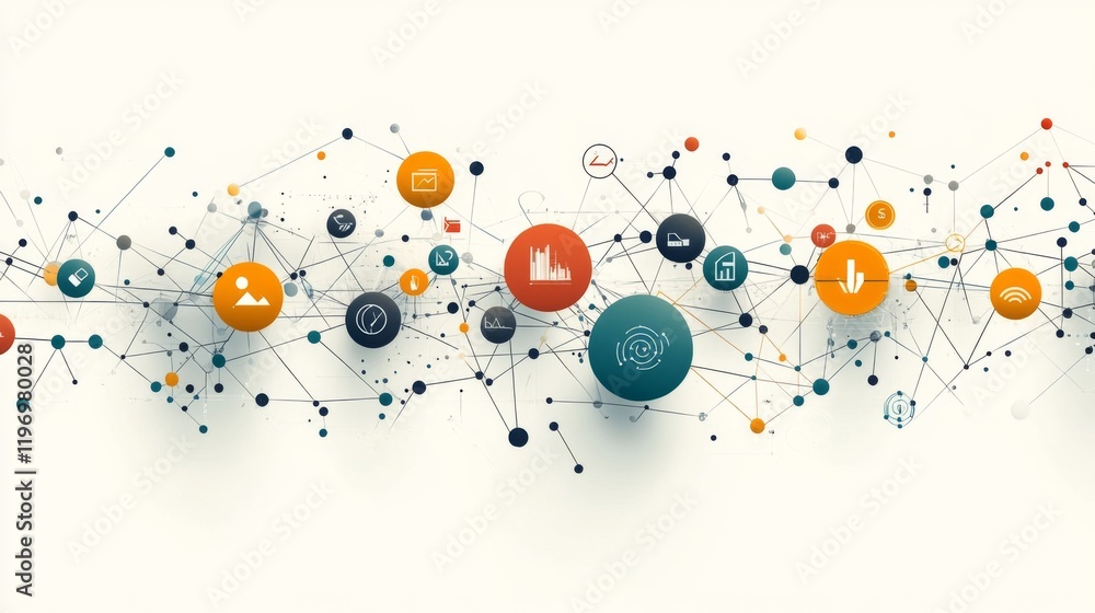 Fototapete Minimalistic infographic elements with icons and connecting lines, displayed on a light background with a clean and organized layout