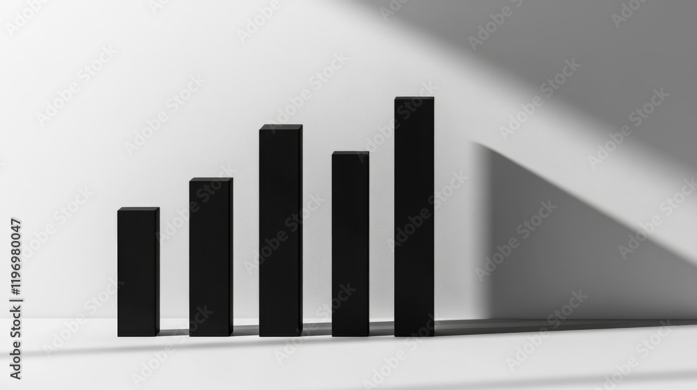 Poster minimalist d bar chart with tall, sleek bars in monochromatic tones, casting shadows on a clean, whi