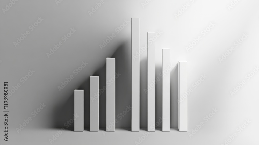 Poster minimalist d bar chart with tall, sleek bars in monochromatic tones, casting shadows on a clean, whi