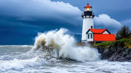 Lighthouse on Rocky Coastline with Stormy Clouds and Waves