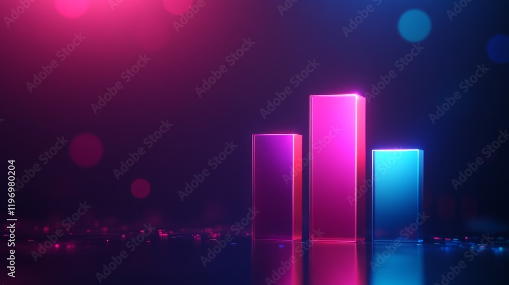 Poster modern d bar chart with neon-colored bars and gradient lighting, set against a dark background for a