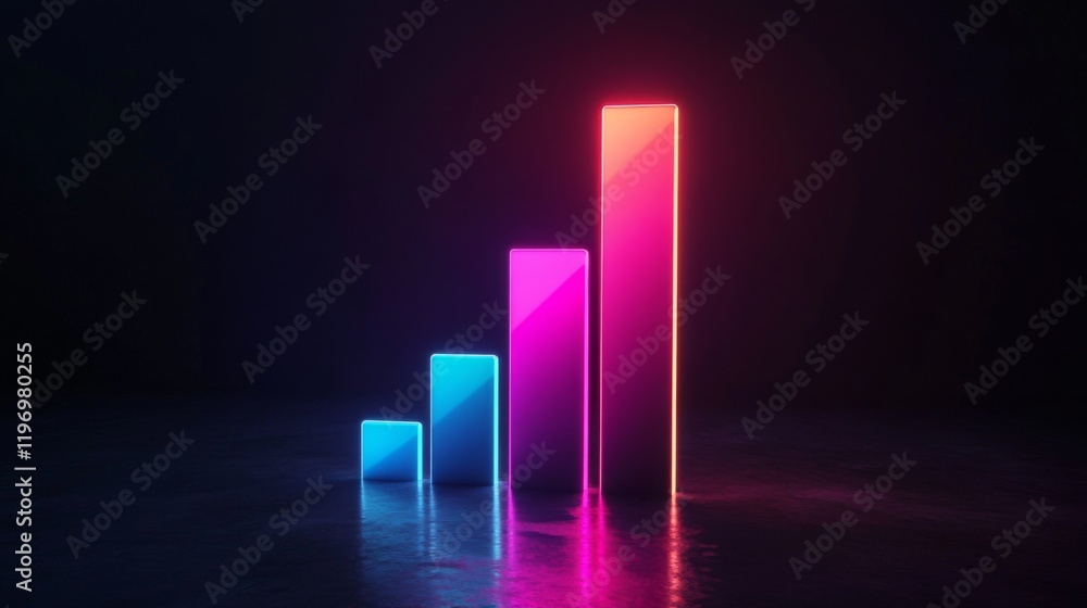 Poster modern d bar chart with neon-colored bars and gradient lighting, set against a dark background for a