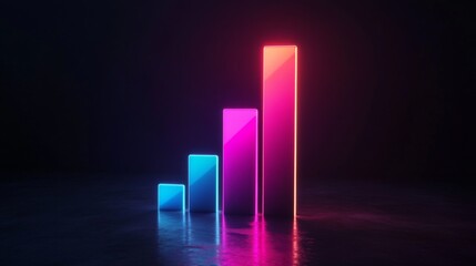 Modern D bar chart with neon-colored bars and gradient lighting, set against a dark background for a futuristic look