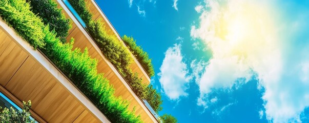 Sustainable building with greenery on balconies against a blue sky and sunlight