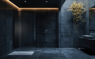 Obraz premium A detailed perspective view of a minimalist bathroom with black tile walls and a spacious walk-in shower. 