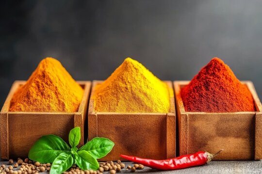 Colorful spices in wooden boxes on market stall, featuring turmeric, chili, and cumin