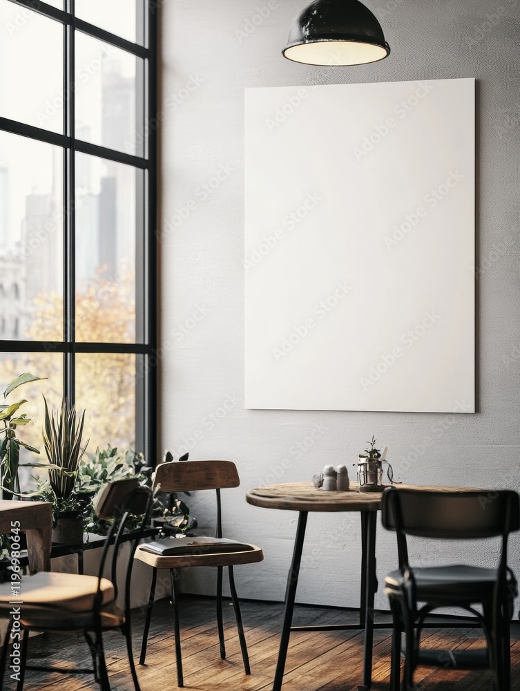 Aufkleber spacious cafe interior featuring empty wall for text and natural light from large windows. generativ