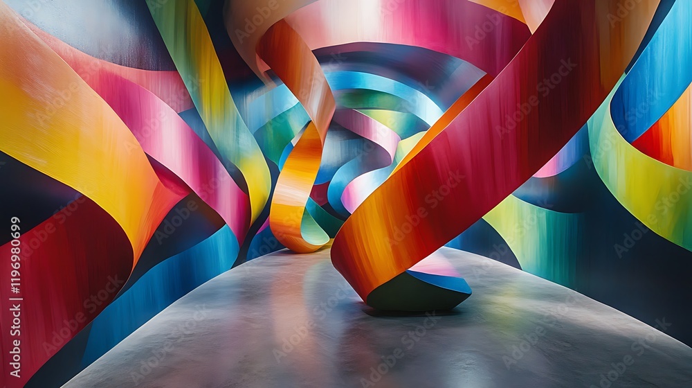 Poster a hypnotic flow of colorful ribbons twisting through an endless void