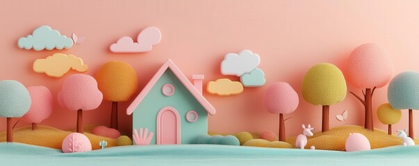 A whimsical, colorful scene featuring a cute house, fluffy trees, and playful clouds, evoking a cheerful, imaginative landscape.