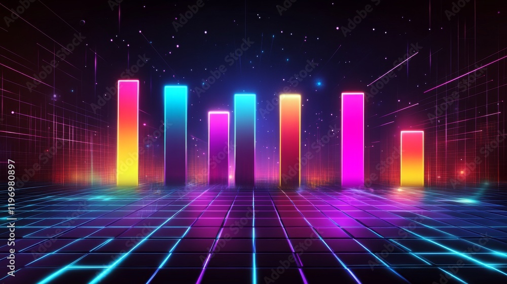 Poster stylized bar graph with glowing bars in neon colors, set against a dark, tech-inspired background fo