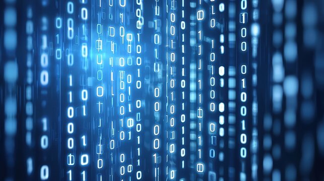 Binary code stream, digital rain background, data flow, technology concept, website banner