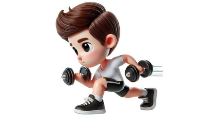 Dynamic young athlete training with dumbbells indoor gym cartoon style focused energy