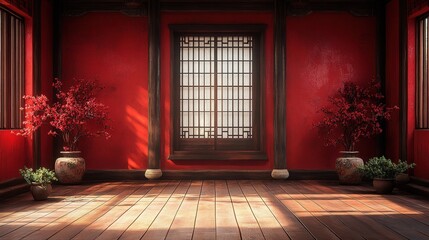 Bright Interior Room with Red Walls and Wooden Floor Surrounded by Plants in Elegant Vases and Natural Light Streaming Through Windows