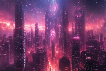 Obraz premium Vibrant futuristic cityscape at dusk with neon lights and towering skyscrapers