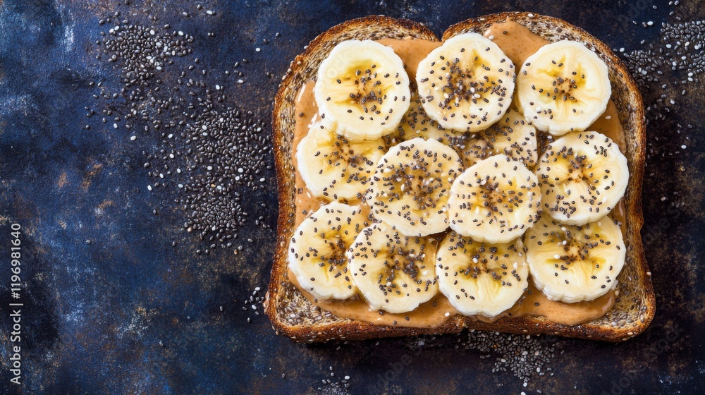 Poster toast topped with creamy peanut butter and banana slices, sprinkled with chia seeds, creating a nutr