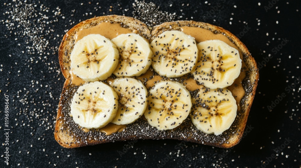 Poster Toast topped with creamy peanut butter and banana slices, sprinkled with chia seeds, creating a nutritious and delicious breakfast option