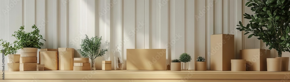 Poster a minimalist shelf displays various brown packaging boxes and pots with greenery, creating a serene 