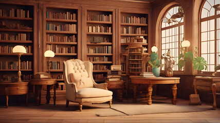 Cozy vintage library with antique volumes. Generative AI image