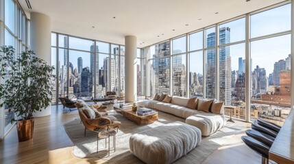 Fototapeta premium A Scandinavian-style living room with floor-to-ceiling windows, a light wood floor, and a plush beige sofa. 