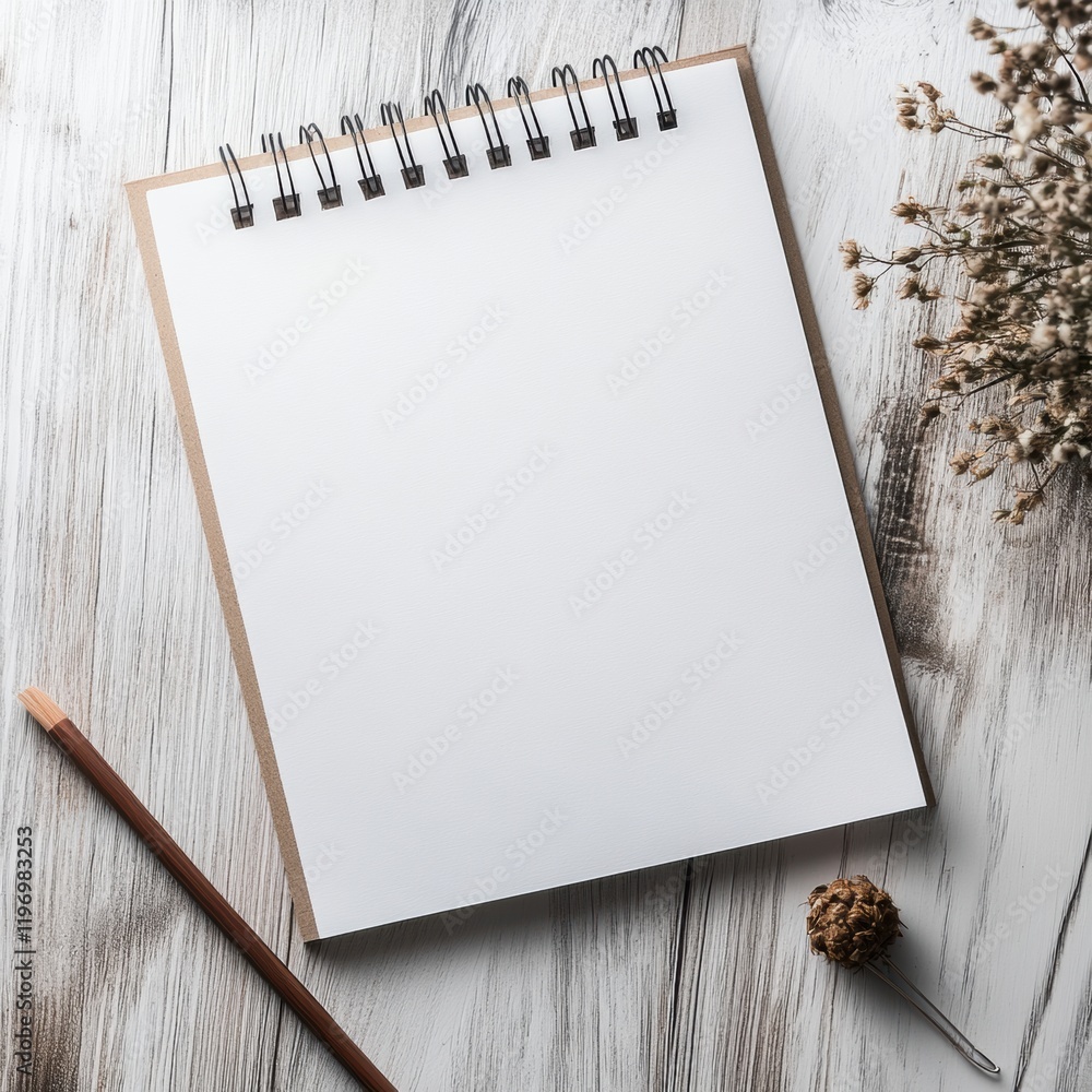 Poster blank notebook on a rustic wooden table with dried flowers and a pencil, ideal for creative ideas an