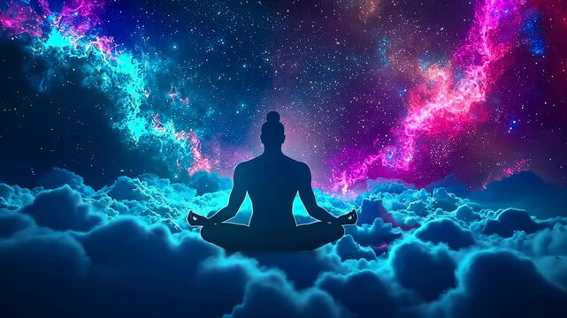 Person meditating clouds,cosmic.Serene meditation starry sky night.Mindfulness connects universe's expanse.yoga offers peace,tranquility.Star-gazer enjoys celestial.Meditative pose grandeur.