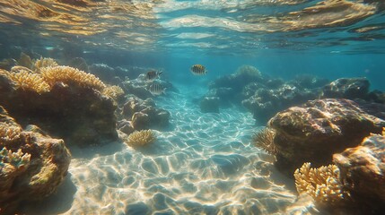 Fototapeta premium Underwater Scene Showing Sandy Seabed And Coral Reef Fish