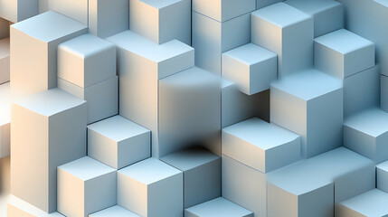 Obraz premium Abstract 3D rendering of a complex structure composed of numerous light gray cubes, creating a visually intriguing and textured pattern. Ideal for backgrounds, presentations, or design projects.