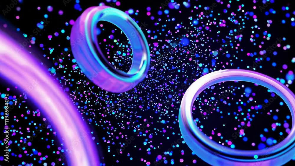 Poster floating neon rings surrounded by colorful particles in a dark digital space, emphasizing motion and