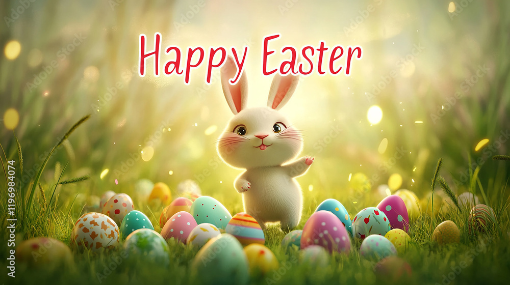 Poster a cartoon rabbit is standing in a field of easter eggs. the image is cheerful and playful, with the 