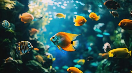 Naklejka premium A vibrant and colorful aquarium tank full of different types of fish, including angelfish and tetras, swimming peacefully among plants.