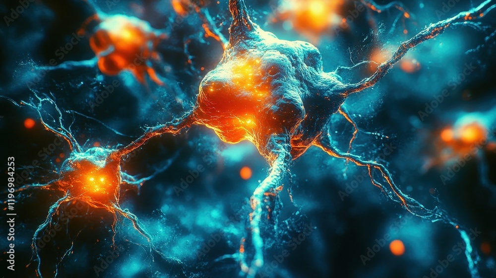 Poster futuristic network of alien cells in sci-fi setting with dynamic glow and vibrant colors