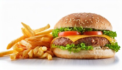 Delicious cheeseburger with melted cheese, fresh lettuce, tomato, and a juicy beef patty on a sesame seed bun, served with crispy golden fries isolated on a white background.