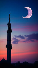 Ramadan Kareem greeting. Islamic city with mosque skyline, crescent moon and stars. End of fasting. Hari Raya card. Eid al-Fitr. Breaking of holy fast day. Muslim holiday. Arab night sky.