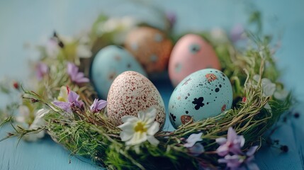 Obraz premium Easter eggs in beautiful and different colors are in the wreath on blue wooden table.