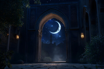 Fototapeta premium Ramadan Kareem greeting. Islamic city with mosque skyline, crescent moon and stars. End of fasting. Hari Raya card. Eid al-Fitr. Breaking of holy fast day. Muslim holiday. Arab night sky.