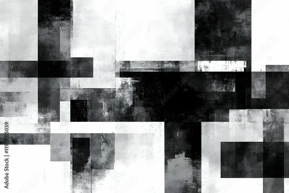 Poster abstract grayscale artwork featuring geometric shapes and textured blocks. ideal for modern design p
